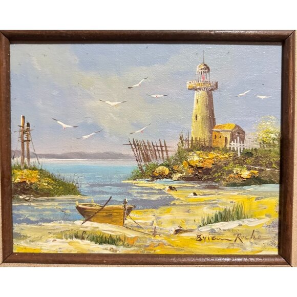 Vtg Home in the Lighthouse by Brian Roche Oil Painting Signed w/ COA 17" X 15" - Picture 2 of 8